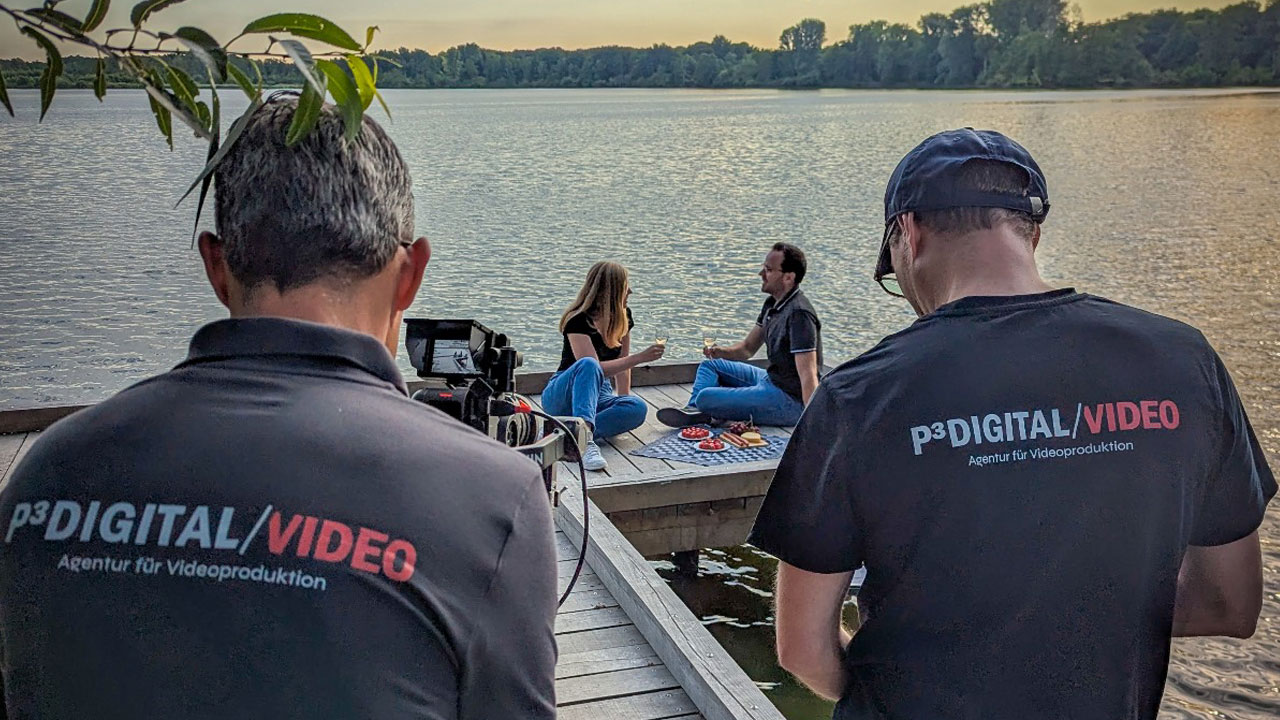 Videoproduktion unter freiem Himmel – Filmcrew bei der Arbeit am Set